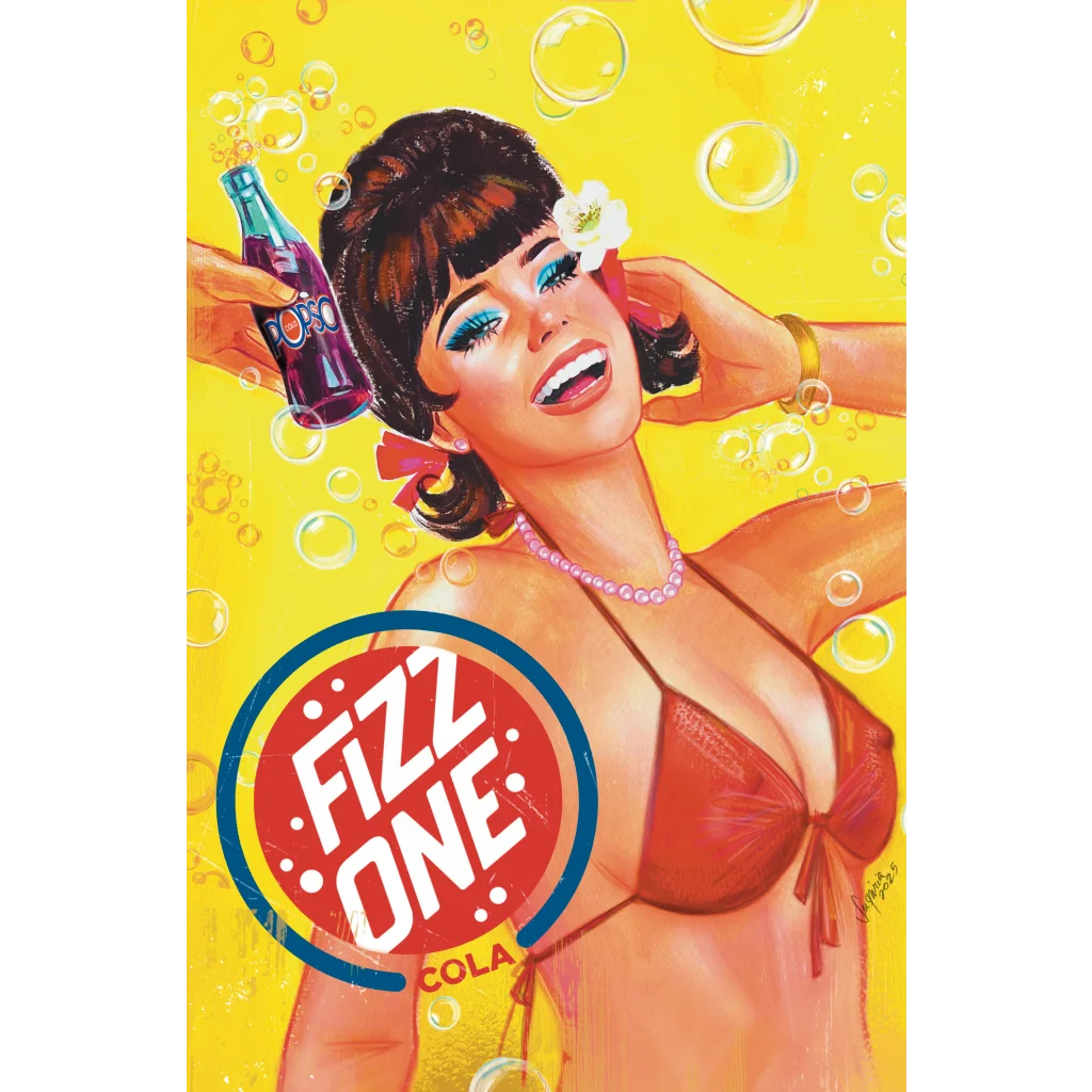 Vintage cola bottle with red white fizz one label in Rabbit Comics exclusive set