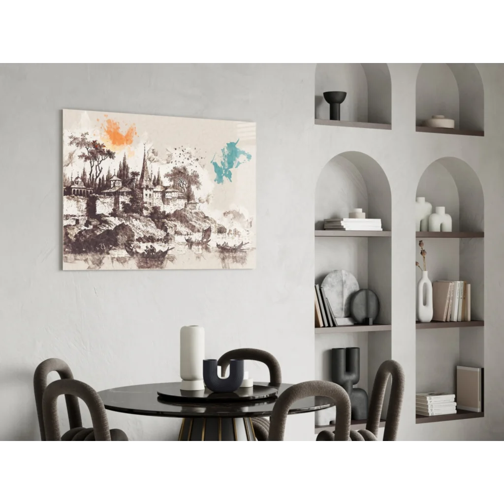 Riverside town glass wall art with orange teal splashes