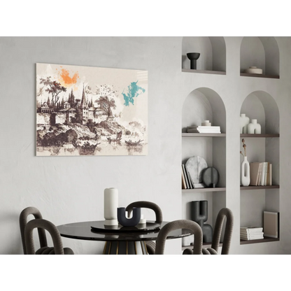 Riverside town glass wall art with orange teal splashes