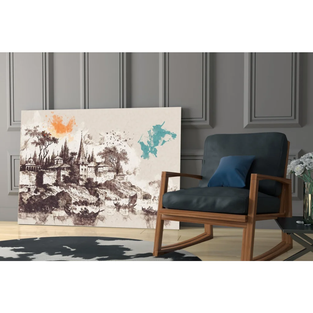 Modern wooden rocking chair with dark blue upholstered seat and cushion