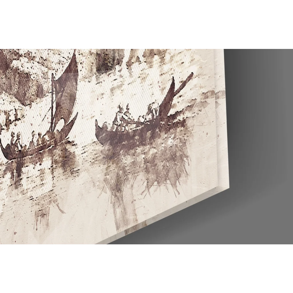 Viking longboats on distressed glass wall art with orange teal splashes