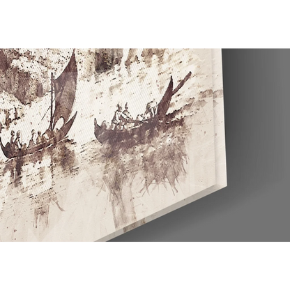 Viking longboats on distressed glass wall art with orange teal splashes