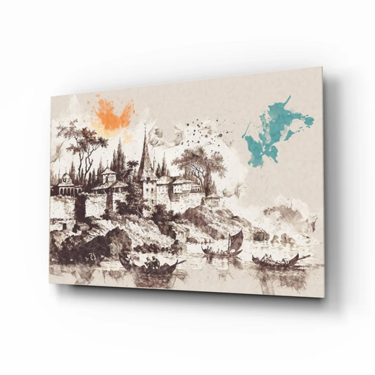 Sepia watercolor riverside town glass wall art with orange teal splashes