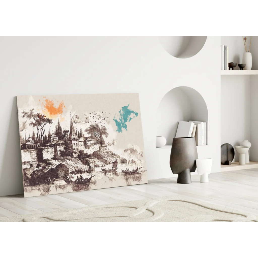 Beige canvas riverside town glass wall art with orange teal splashes