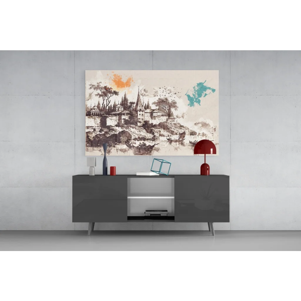 Riverside Town glass wall art with orange teal splashes on gray console