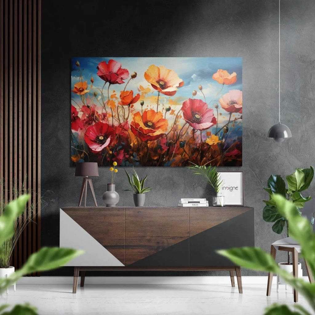Vibrant poppy field painting on brushed aluminium dibond panel
