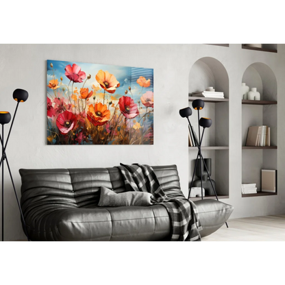 Vibrant poppy field glass wall art painting in bold reds against blue sky