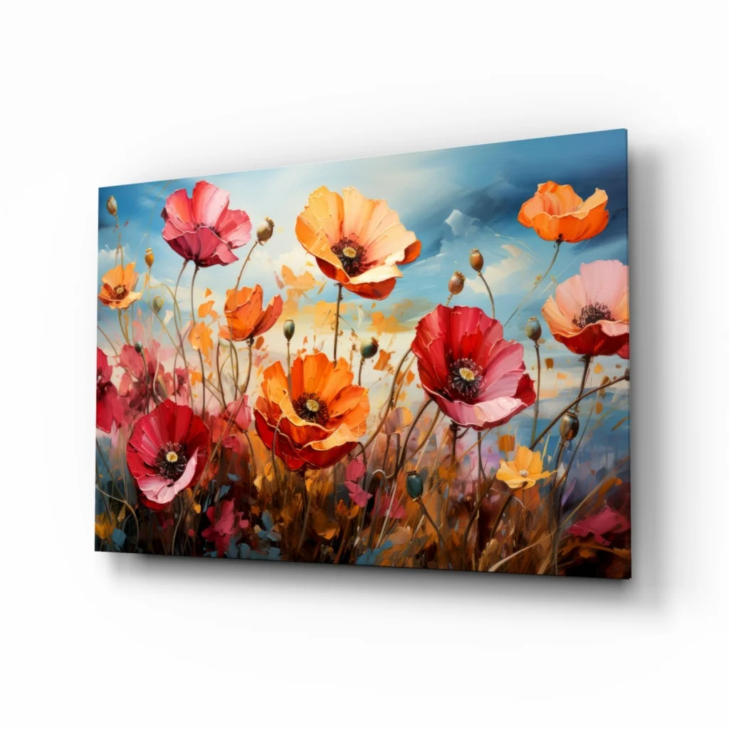 Vibrant poppy field glass wall art with bold reds on blue sky