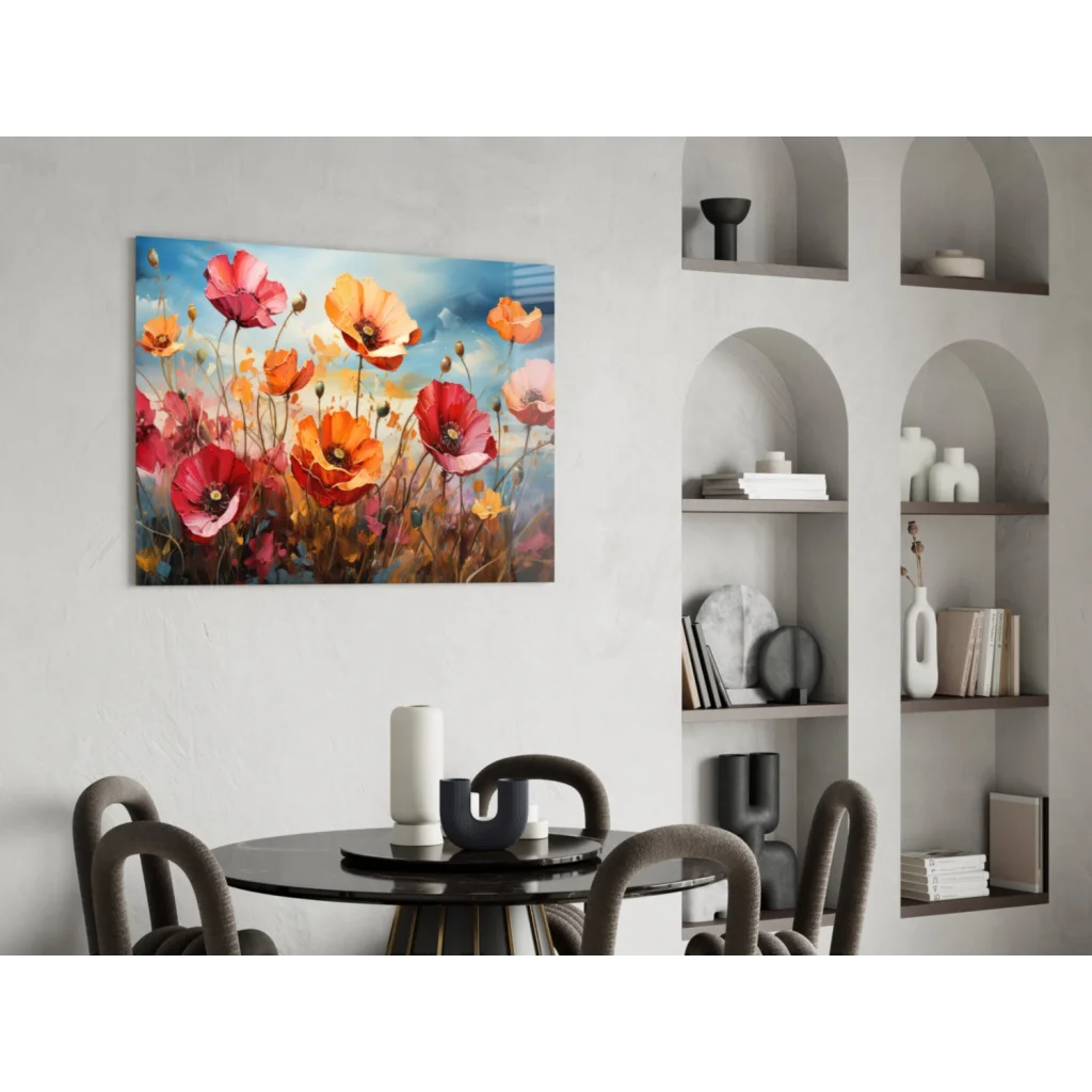 Vibrant poppy field glass wall art with bold reds, oranges, and pinks on blue sky canvas