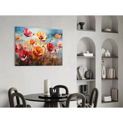 Vibrant poppy field glass wall art with bold reds, oranges, and pinks on blue sky canvas