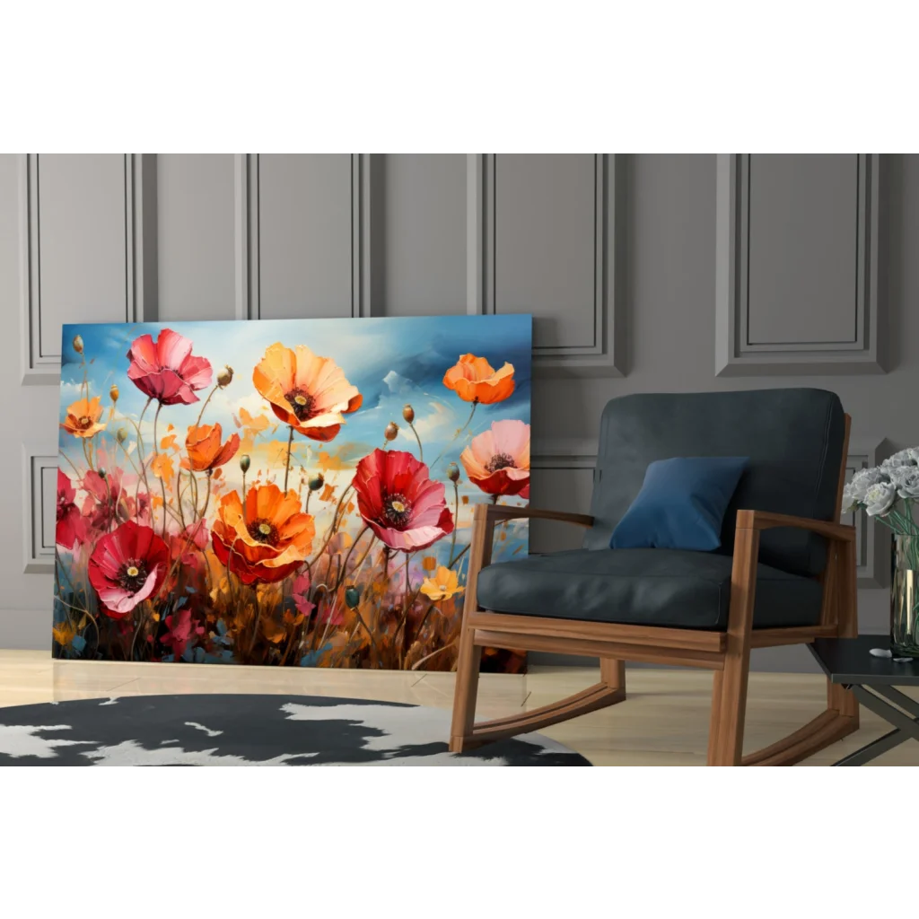 Vibrant poppy field glass wall art with bold reds and soft blue sky