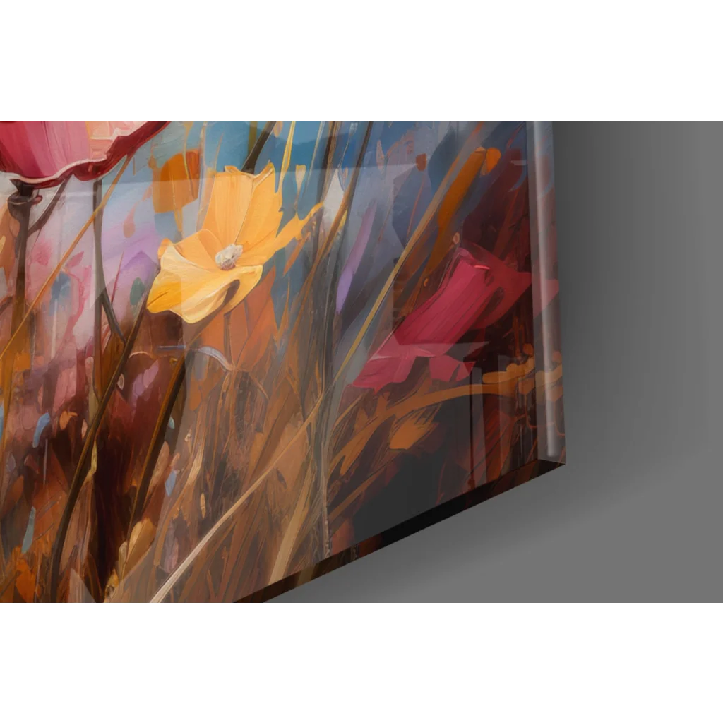 Vibrant abstract floral glass wall art with yellow and pink blossoms