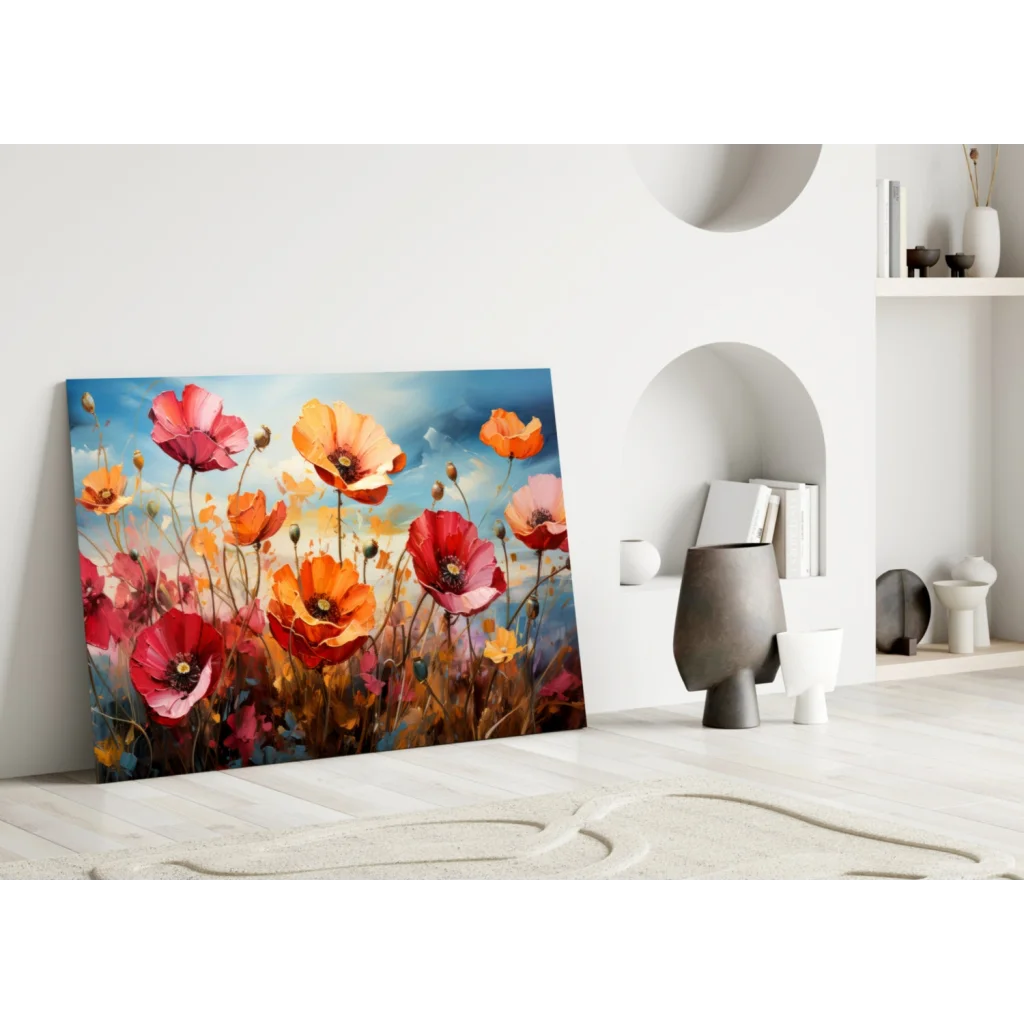 Vibrant glass wall art of red orange pink poppies on blue sky