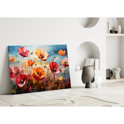 Vibrant glass wall art of red orange pink poppies on blue sky