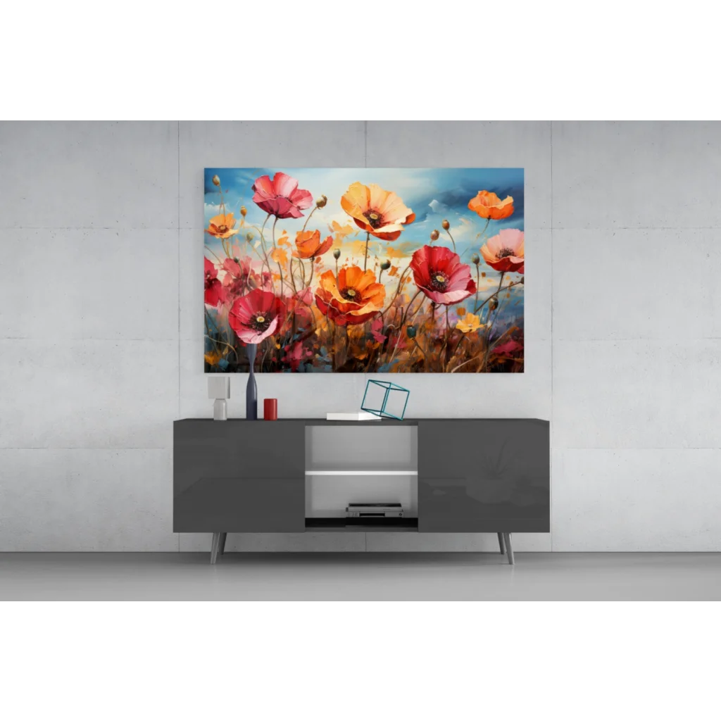 Vibrant abstract poppy glass wall art in bold reds against blue sky