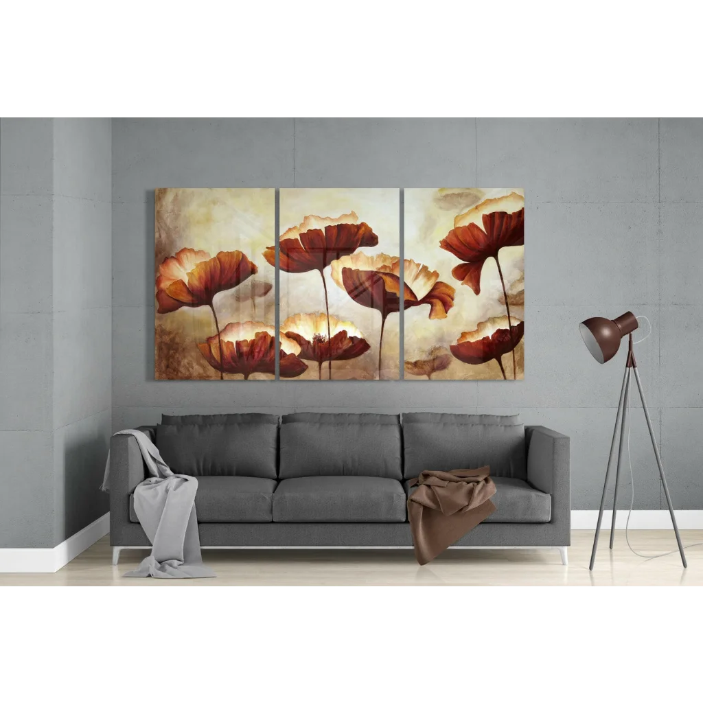 Stunning poppy triptych canvas wall art in warm amber tones
