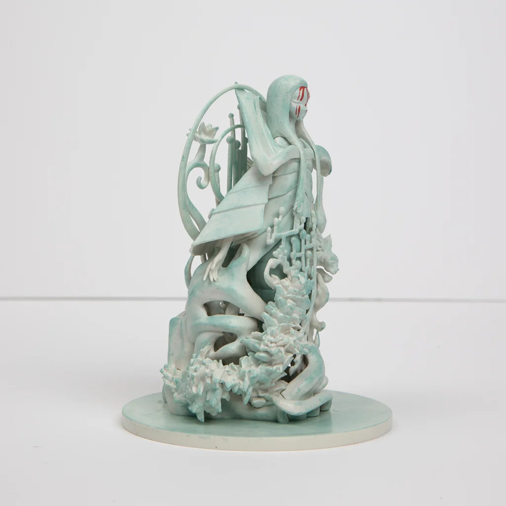 Light teal-green Poppy Altar statue with hooded figure and detailed organic design