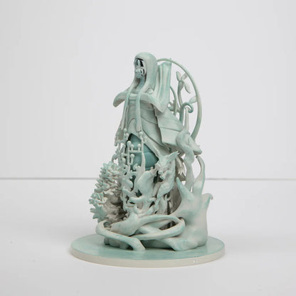 Mint green Poppy Altar statue with organic shapes and coral, unique collectible figure