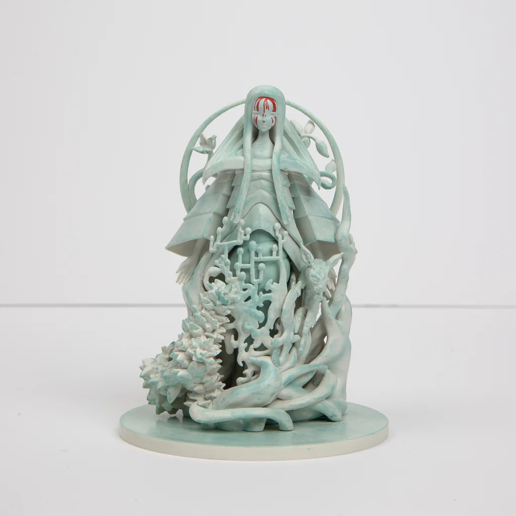 Mint green Poppy Altar statue of cloaked figure with red mask and organic details