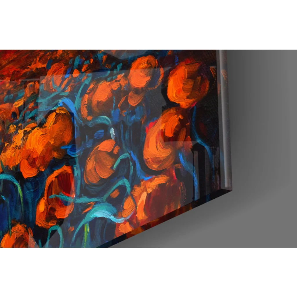 Vibrant abstract glass wall art with bold orange and blue brushstrokes