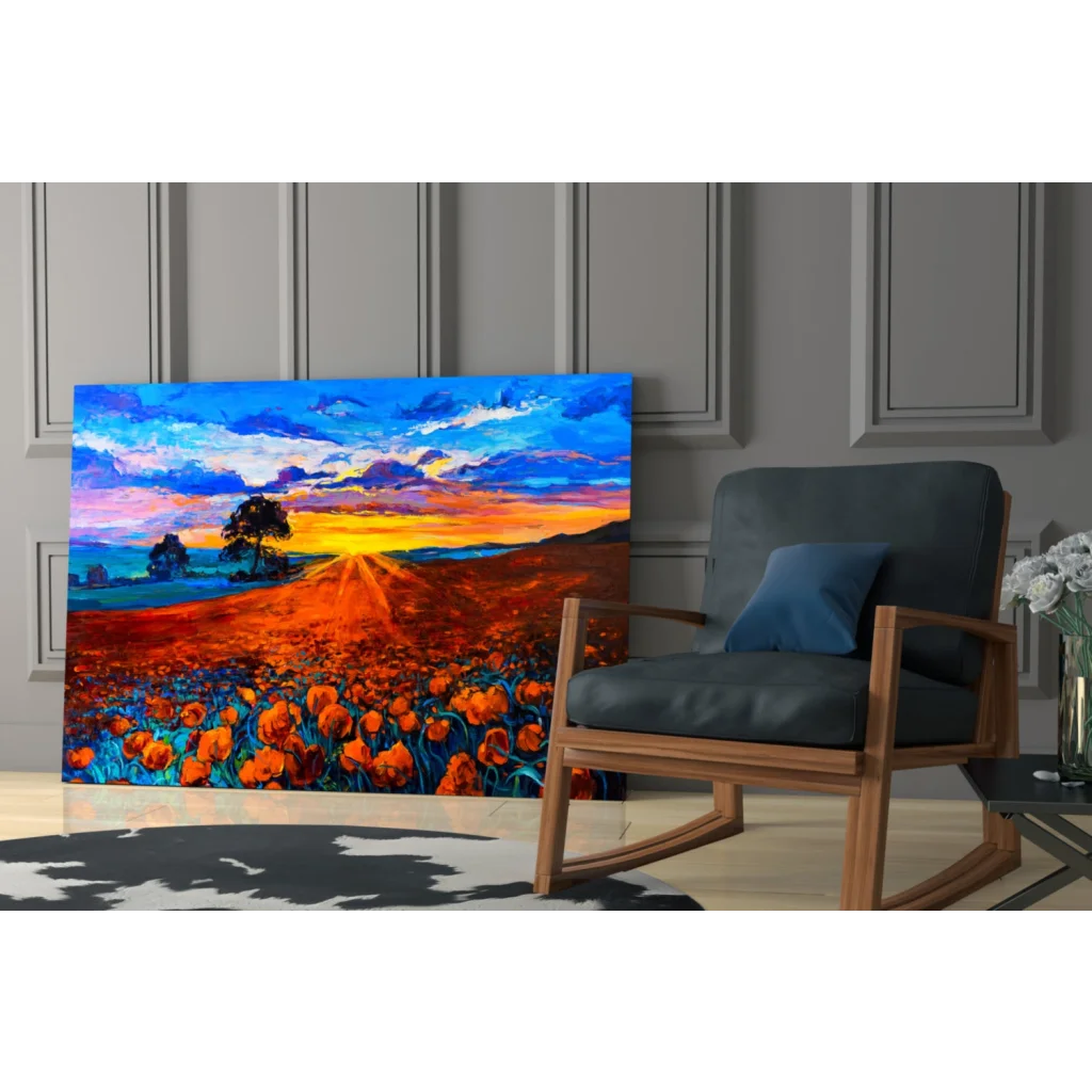 Vibrant glass wall art of sunset over orange poppy field