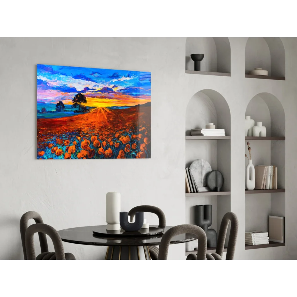 Vibrant glass wall art of sunset over orange poppy field with bold skies