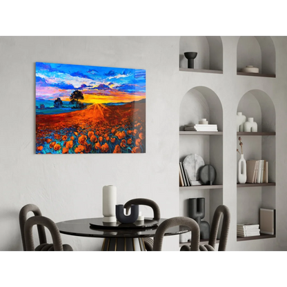 Vibrant glass wall art of sunset over orange poppy field with bold skies
