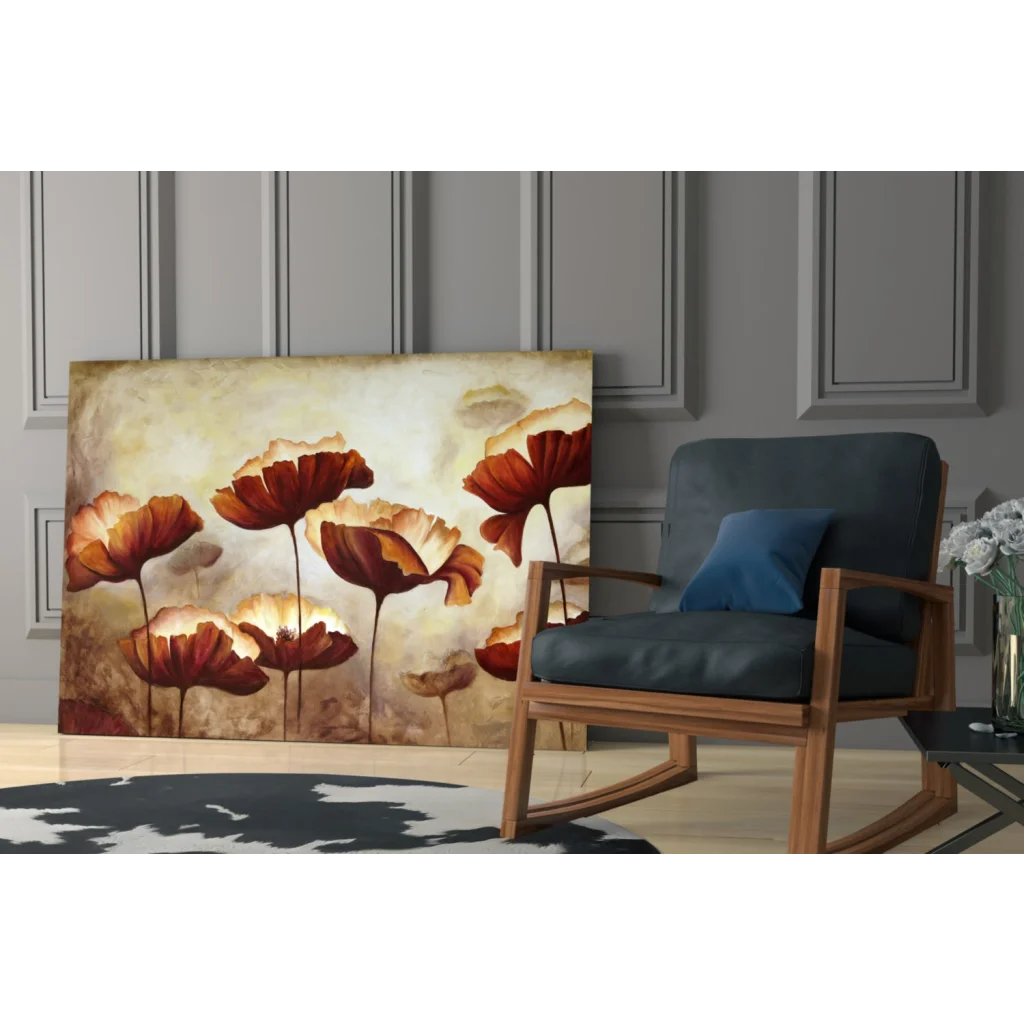 Stylized red orange poppy canvas wall art on textured beige background