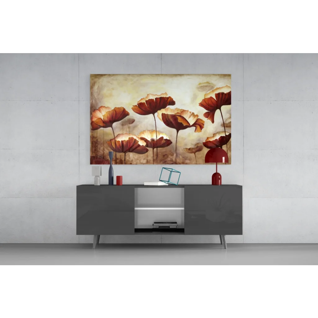 Vibrant red poppy wall art canvas with textured beige background