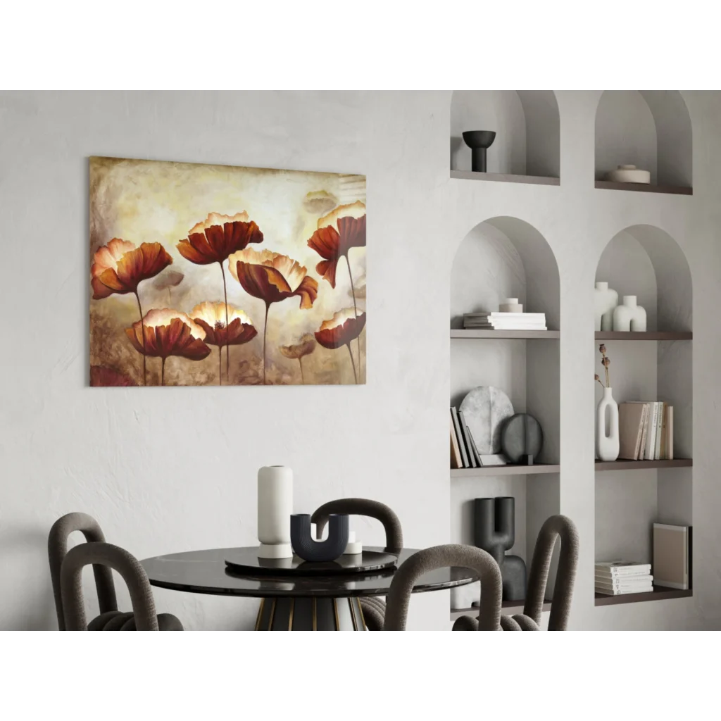 Stylized poppies in warm hues on textured beige canvas wall art