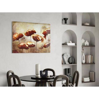 Stylized poppies in warm hues on textured beige canvas wall art
