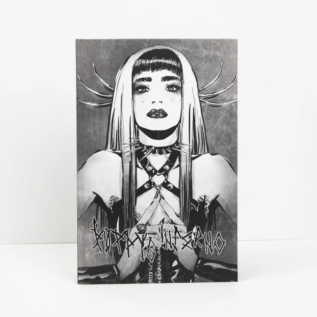 Black and white gothic woman illustration from Poppys Inferno Deluxe Graphic Novel
