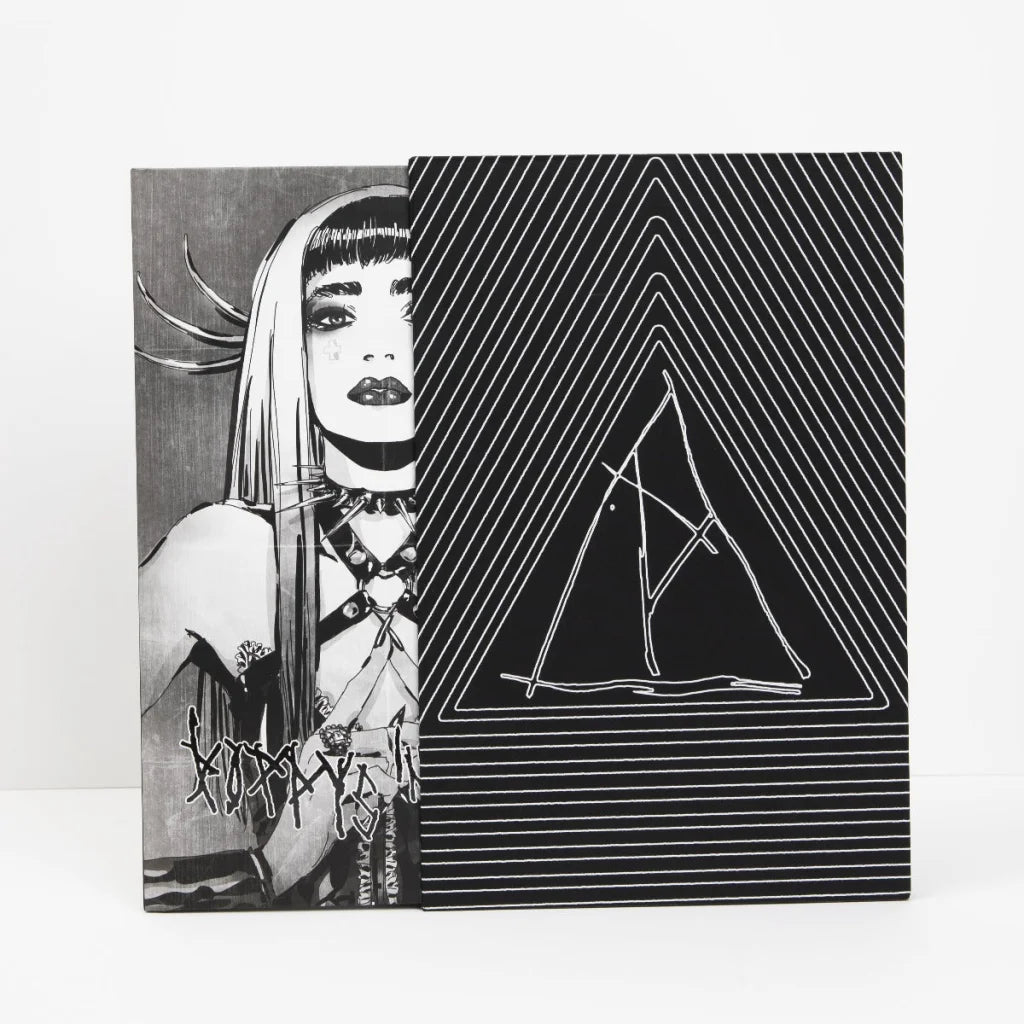 Black and white art print from Poppy’s Inferno featuring a woman’s portrait and abstract triangle design