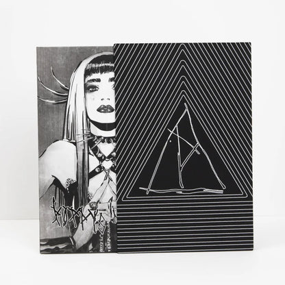 Black and white art print from Poppy’s Inferno featuring a woman’s portrait and abstract triangle design