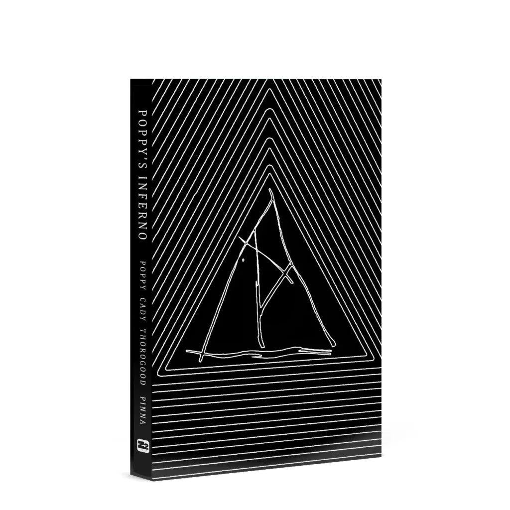 Black and white Poppys Inferno graphic novel with triangular design and exclusive art