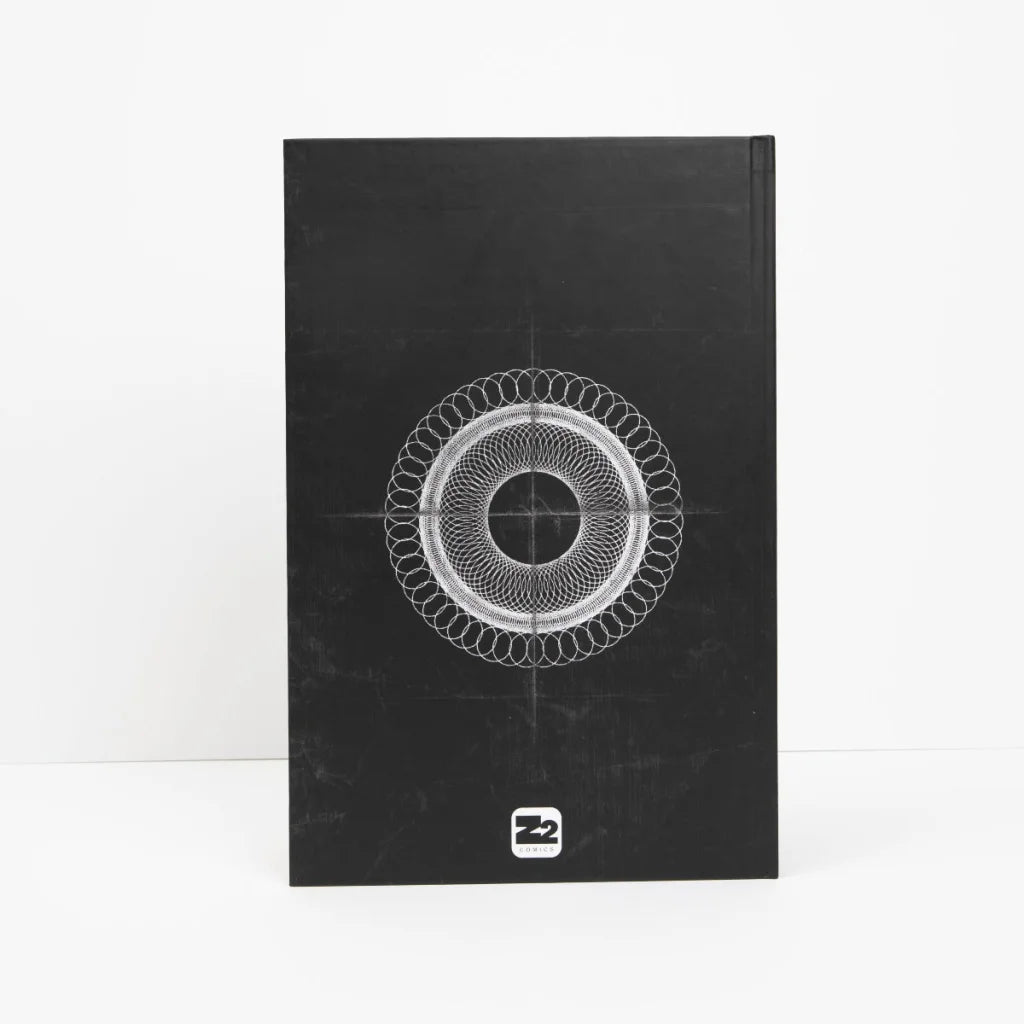 Black book with white spirograph design from Poppy’s Inferno Deluxe Graphic Novel
