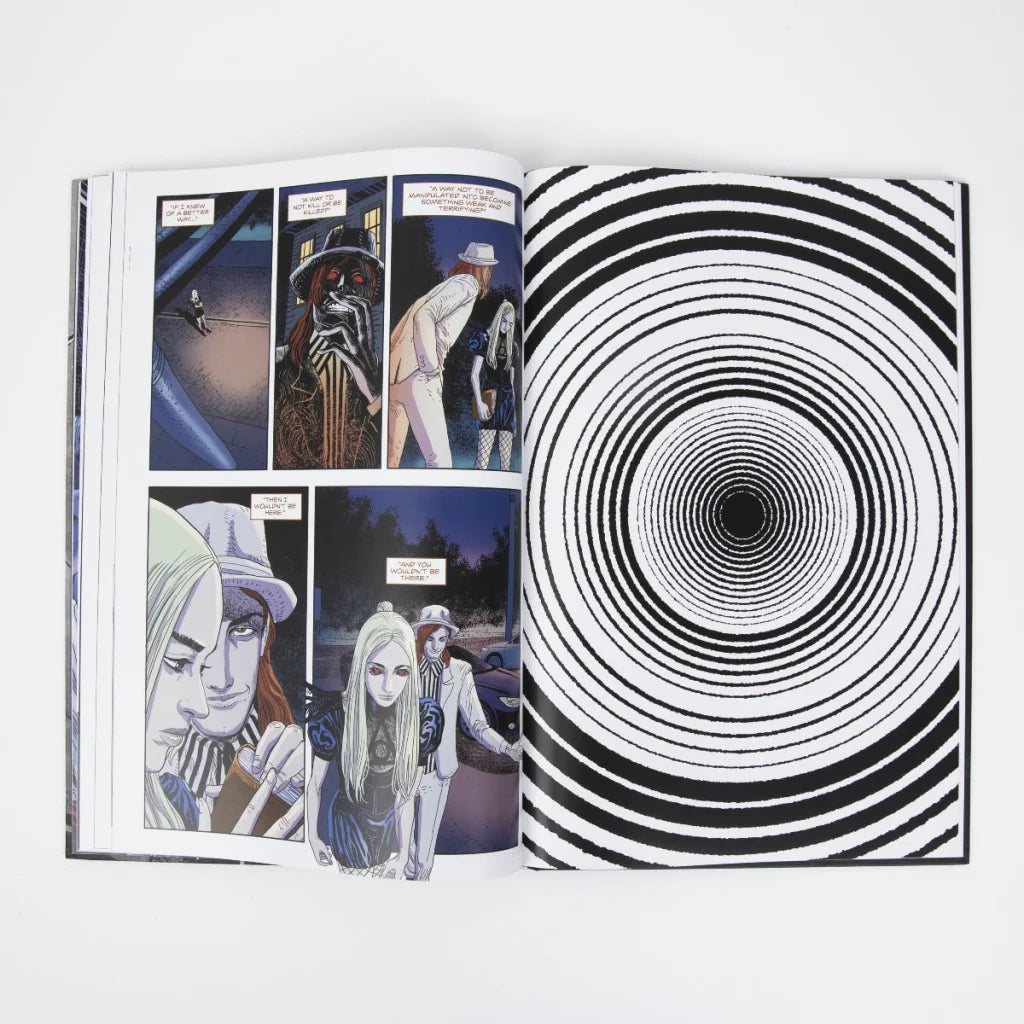 Open Poppys Inferno Deluxe Graphic Novel with black and white spiral art design