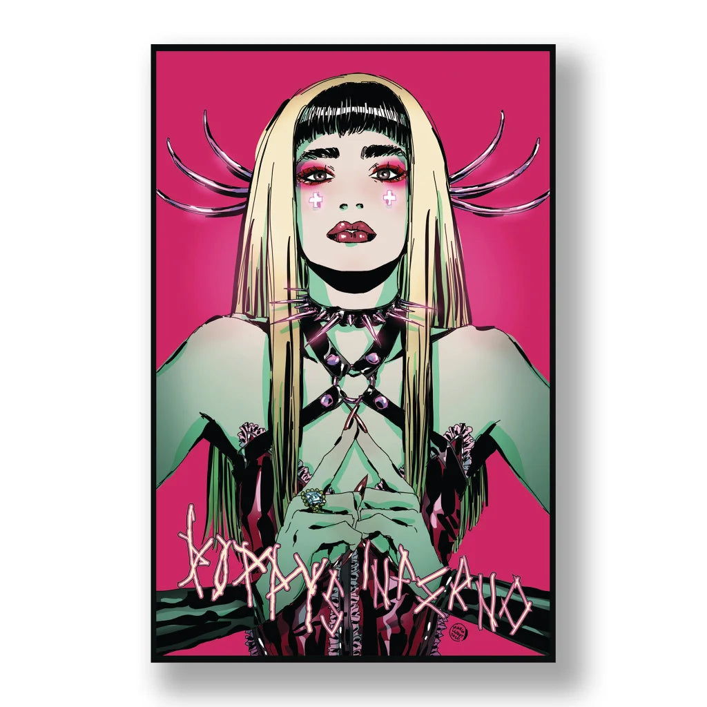 Vibrant illustration of a woman with blonde hair for Poppys Inferno Pink Variant Graphic Novel Hardcover Edition