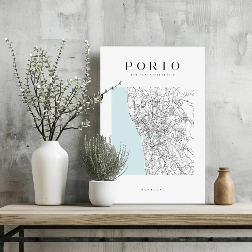 Minimalist Porto city map poster in teal and white on aluminum print