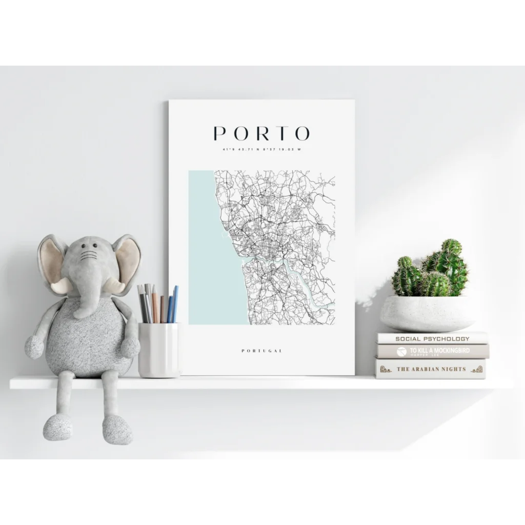 Elephant plush toy with gray fur and big eyes on Porto teal map print
