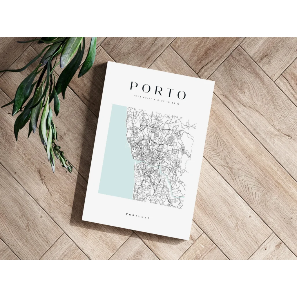 Stunning teal and white Porto city map aluminum print on wood floor
