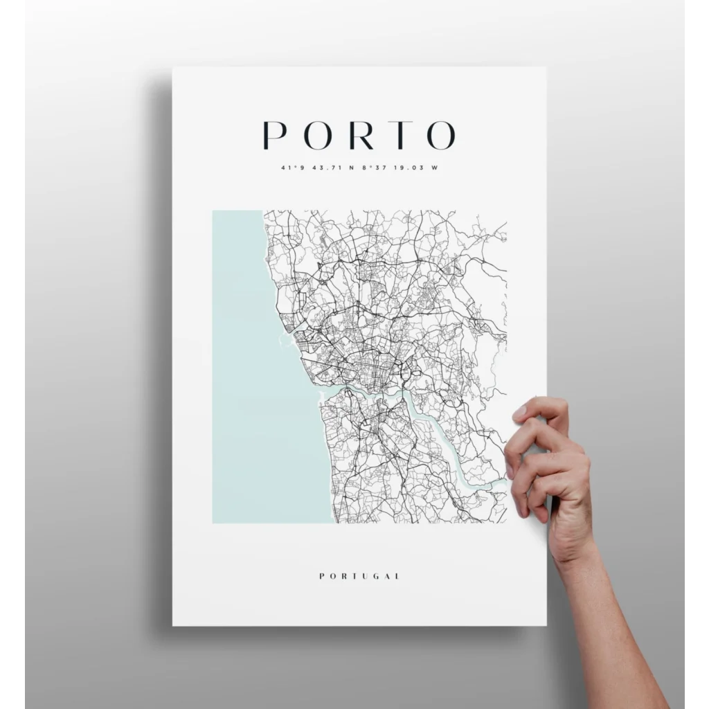 Porto city map poster in white on teal, black roads, aluminum print