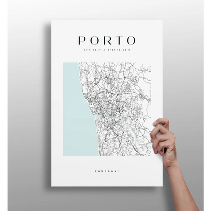 Porto city map poster in white on teal, black roads, aluminum print