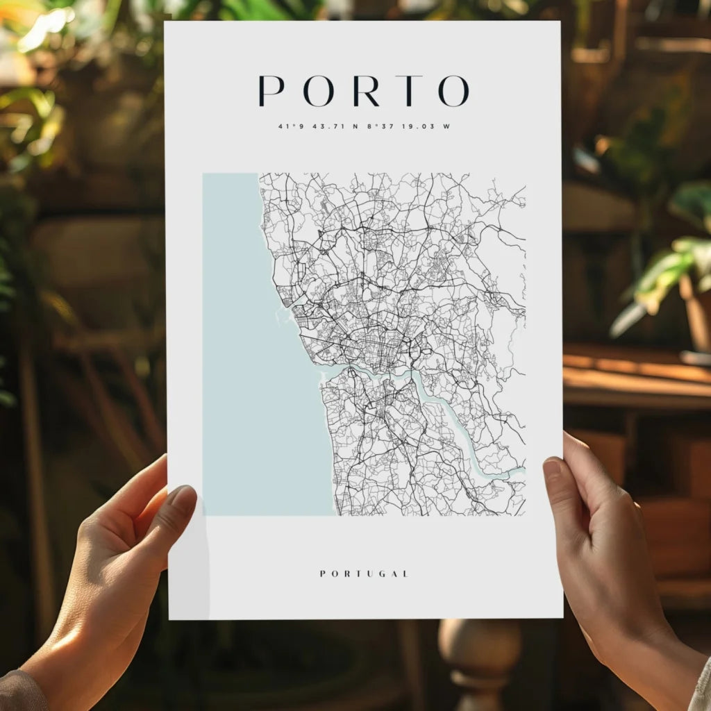 Minimalist Porto city map poster in white with black lines and teal accents on aluminum print