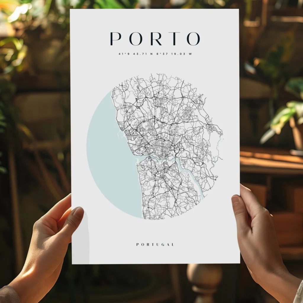 Minimalist Porto Portugal map on white poster with blue coastline accent