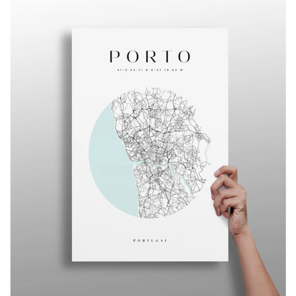 Minimalist Porto Portugal street map aluminum print in black line art