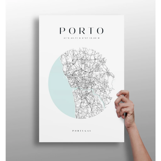 Minimalist Porto Portugal street map aluminum print in black line art