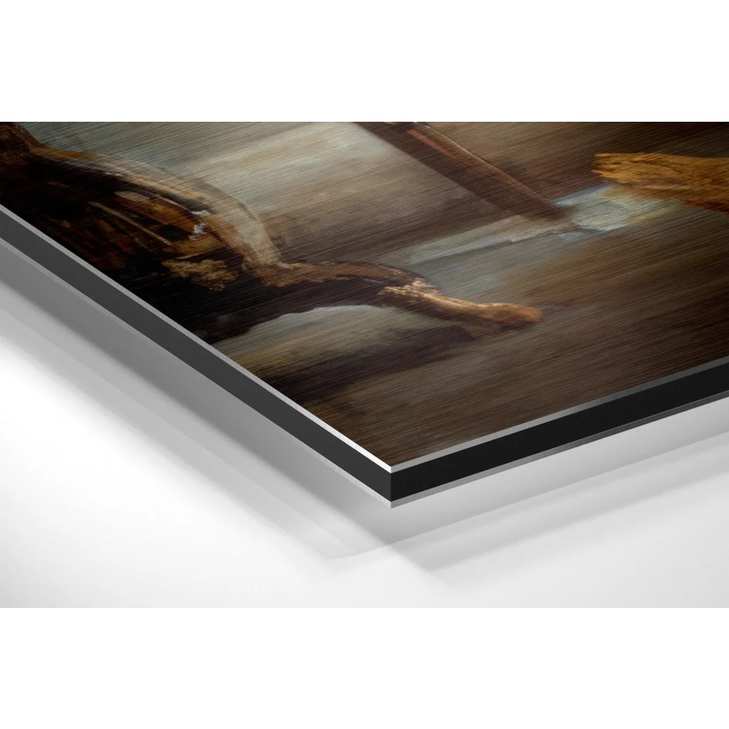 Framed brushed aluminium dibond print of rustic wooden scene