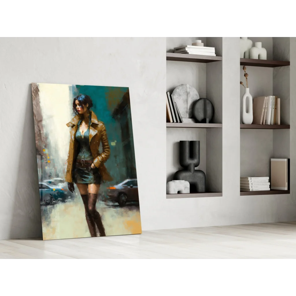 Stylized woman in tan jacket on glass wall art canvas print