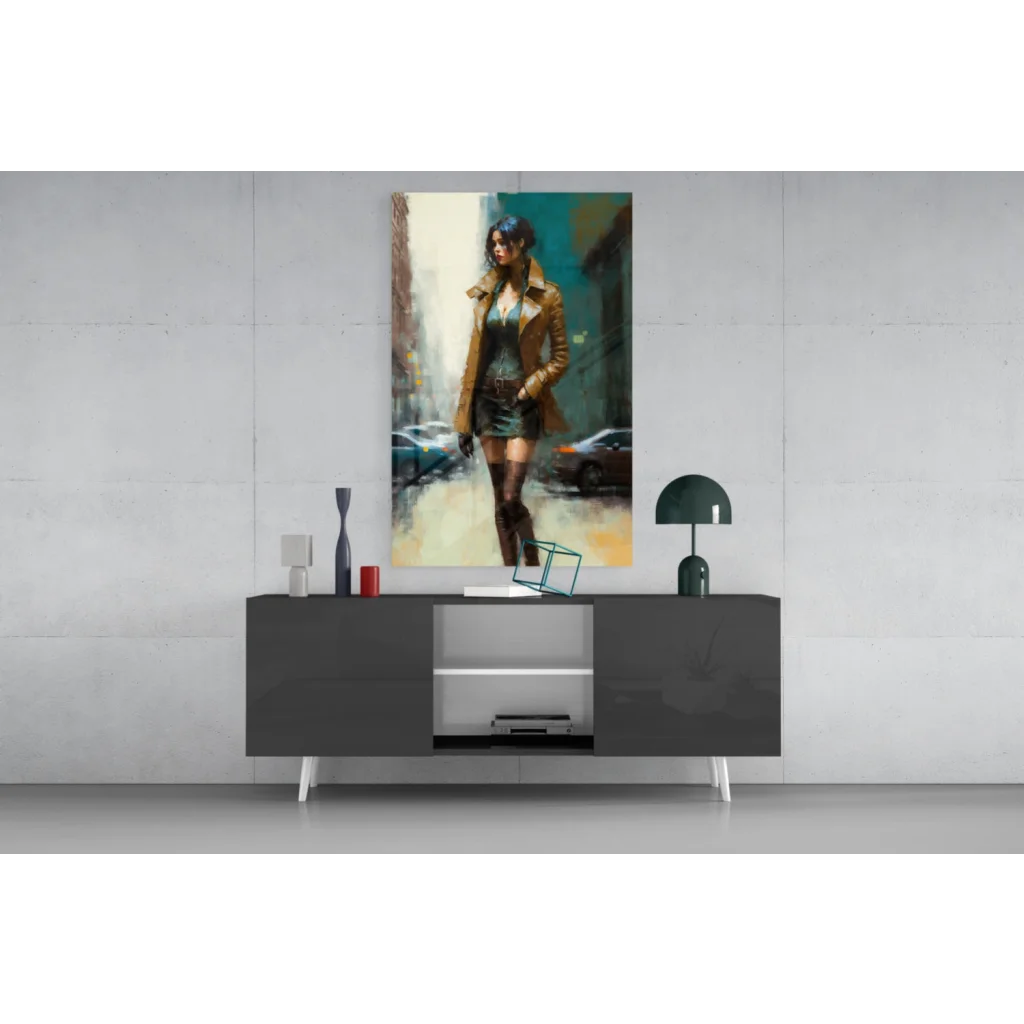 Impressionistic woman in tan coat on city street, glass wall art